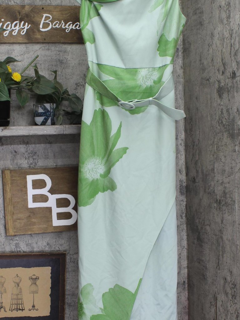 Badgley Mischka Green Jewel By Badgley Mischka Asymmetric Belted Gown